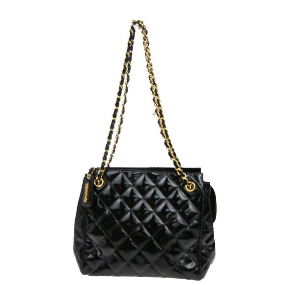 CHANEL CC Logo Matelasse Chain Shoulder Bag Patent Leather Black Vintage - Picture 1 of 16